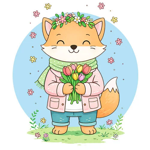 Цветной вариант раскраски весенняя лисичка