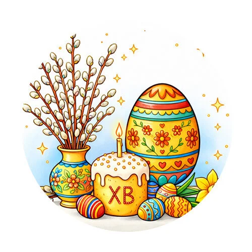 Цветной вариант раскраски верба на столе, пасха