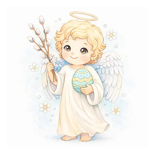 Цветной вариант раскраски ангел пасхальный