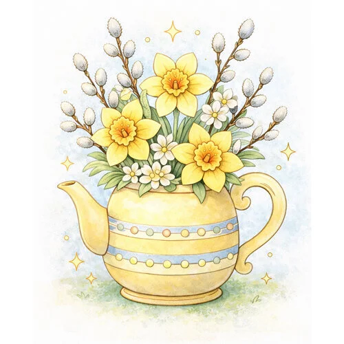 Цветной вариант раскраски пасхальная ваза из чайника, верба