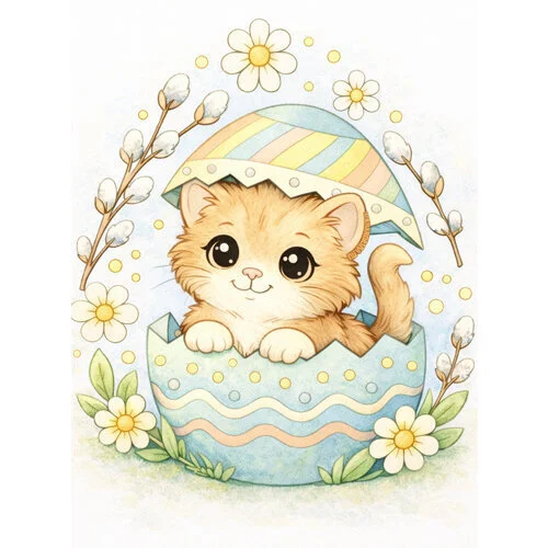 Цветной вариант раскраски котик в яичке на пасху