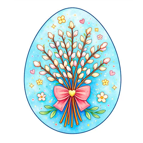 Цветной вариант раскраски верба на яичке на пасху