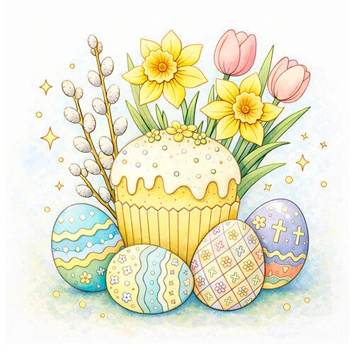 Цветной вариант раскраски пасхальный набор. яйца, кулич, верба и цветы
