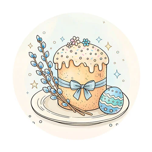 Цветной вариант раскраски кулич на пасху с вербой и яичком