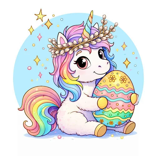 Цветной вариант раскраски пасха и единорог