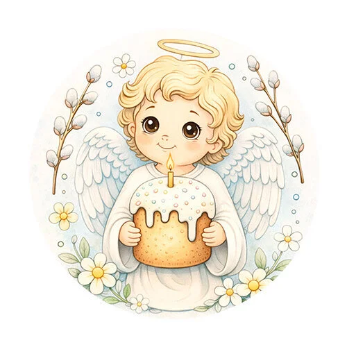 Цветной вариант раскраски ангелок пасхальный