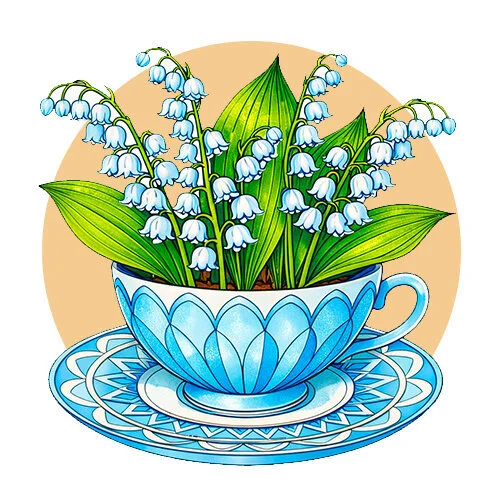 Цветной вариант раскраски ландыши в чашке