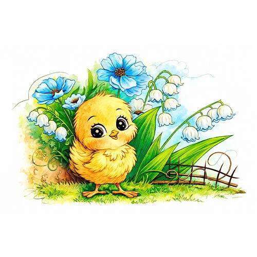 Цветной вариант раскраски цыпленок и ландыши