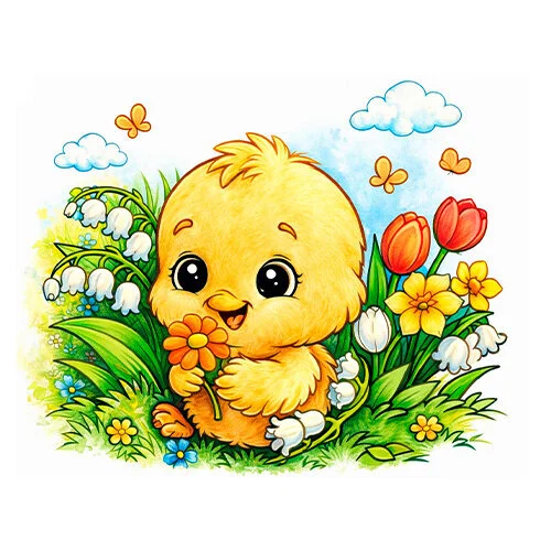 Цветной вариант раскраски ландыши и цыпленок