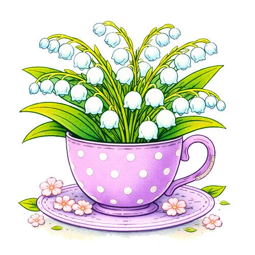 Цветной вариант раскраски ландыши в чайной чашке