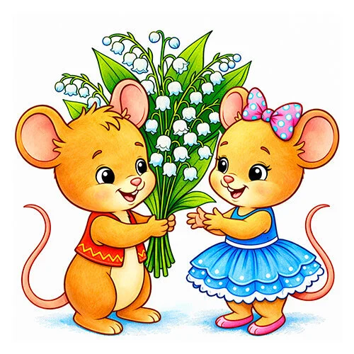 Цветной вариант раскраски мышонок дарит мышке ландыши