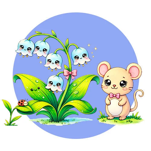 Цветной вариант раскраски мышка и ландыши каваи