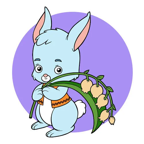 Цветной вариант раскраски мальчик зайчик с ландышами