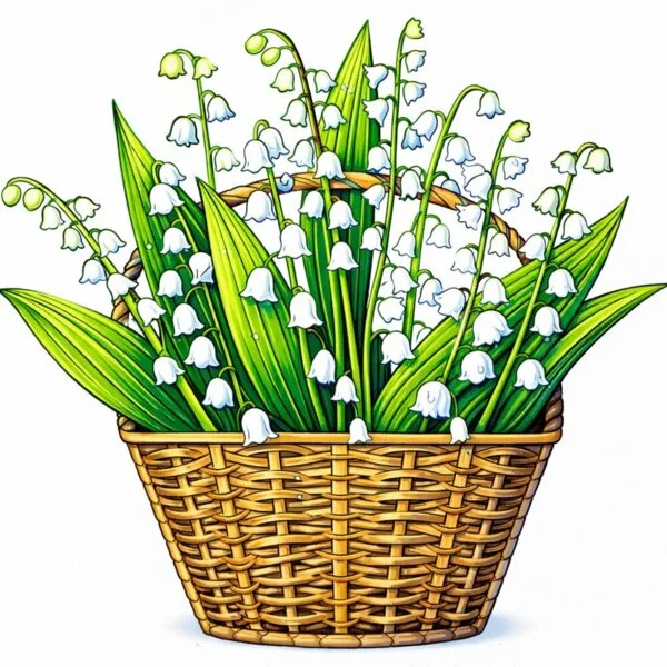 Цветной вариант раскраски ландыши в большой корзине