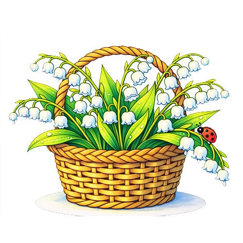 Цветной вариант раскраски корзинка с цветами ландыши
