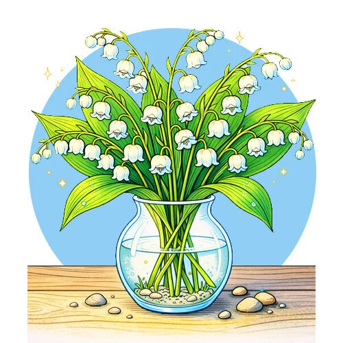 Цветной вариант раскраски ландыши в стеклянной вазе