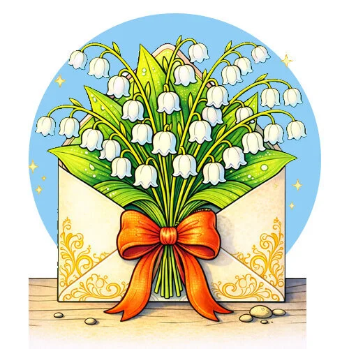 Цветной вариант раскраски ландыши в конверте