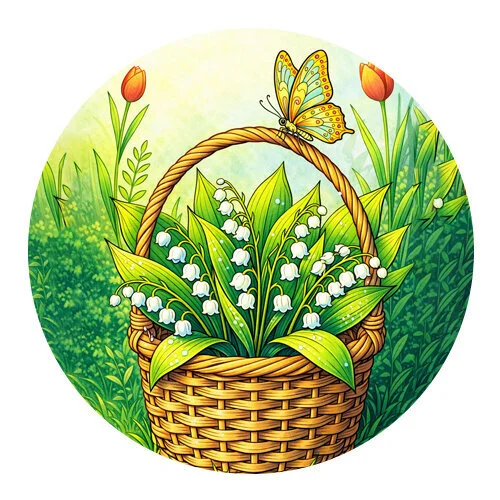 Цветной вариант раскраски ландыши в корзинке и бабочка