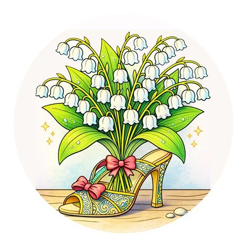 Цветной вариант раскраски ландыши в туфельке