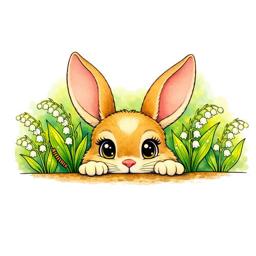 Цветной вариант раскраски зайчик выглядывает ландыши