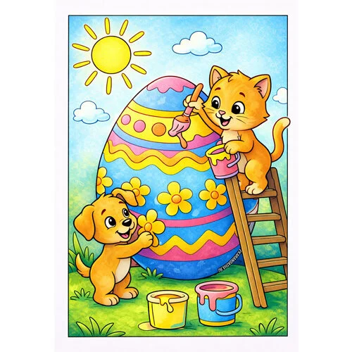 Цветной вариант раскраски котик и собачка красит яйцо