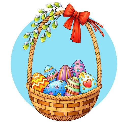 Цветной пример раскраски корзинка с пасхальными яйцами и верба