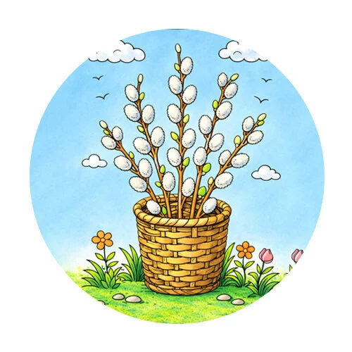 Цветной пример раскраски верба в корзинке