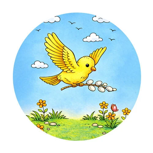 Цветной пример раскраски птичка и веточка вербы