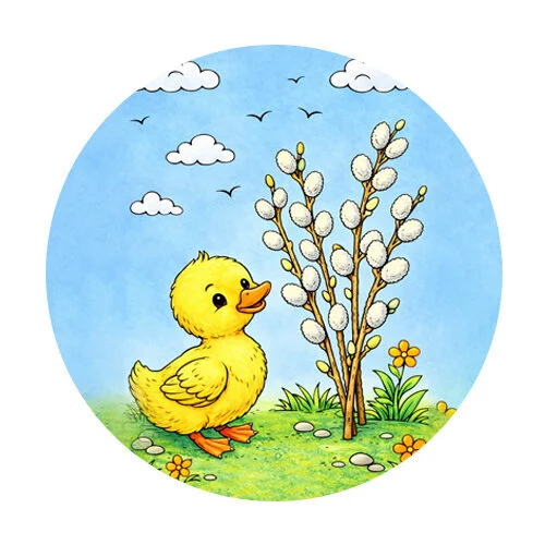 Цветной пример раскраски утенок и верба