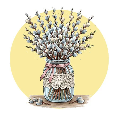 Цветной пример раскраски верба в вазе