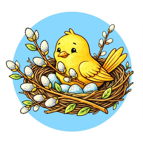 Цветной пример раскраски птичка в гнезде с вербой