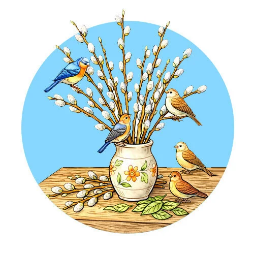 Цветной пример раскраски птички и верба