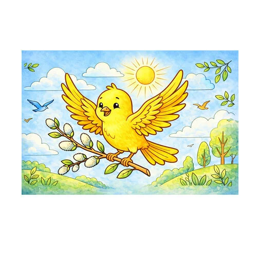 Цветной пример раскраски птичка держит веточку вербы