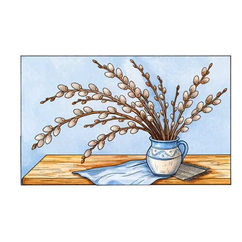 Цветной пример раскраски веточки вербы в вазе на столе