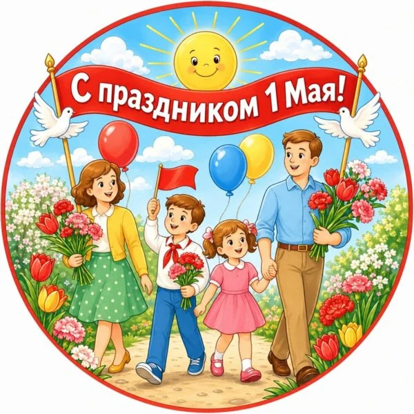 Цветной пример раскраски 1 мая вся семья