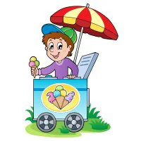 Цветной вариант раскраски мальчик продает мороженое