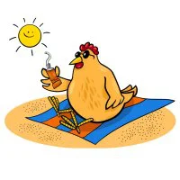 Цветной вариант раскраски курочка на пляже