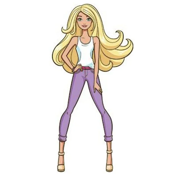 Цветной вариант раскраски барби в майке и джинсах