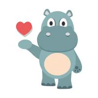 Цветной пример раскраски бегемотик с сердечком на руке