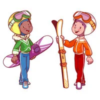 Цветной вариант раскраски лыжи и сноуборд зимние виды спорта