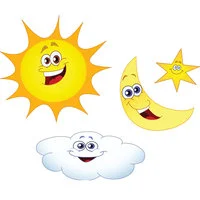 Цветной вариант раскраски тучка, солнышко, луна и звездочка