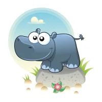 Цветной вариант раскраски бегемот стоит на камне