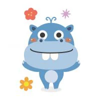 Цветной пример раскраски бегемотик с цветочком