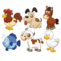 Цветной вариант раскраски животные петух, собачка, лошадка, рыбка, бычок, утка