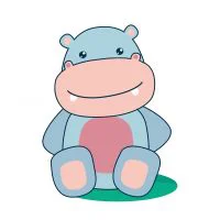 Цветной вариант раскраски бегемот сидит на лужайке