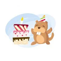 Цветной пример раскраски бобер с праздничным тортом