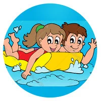 Цветной вариант раскраски дети на море на матрасе