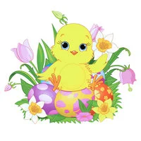 Цветной вариант раскраски милый утенок с пасхальными яйцами