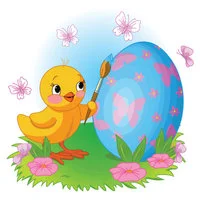 Цветной вариант раскраски цыпленок красит яичко на пасху