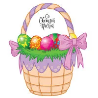 Цветной вариант раскраски корзинка с бантом и пасхальными яйцами